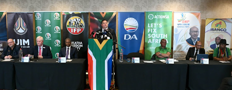 Leaders from political parties at a gathering of the Multiparty Charter in Kempton Park. The parties are gearing up to contest the 2024 election as a unit. File photo.