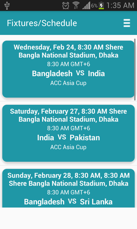 Android application Asia cup schedule and updates screenshort