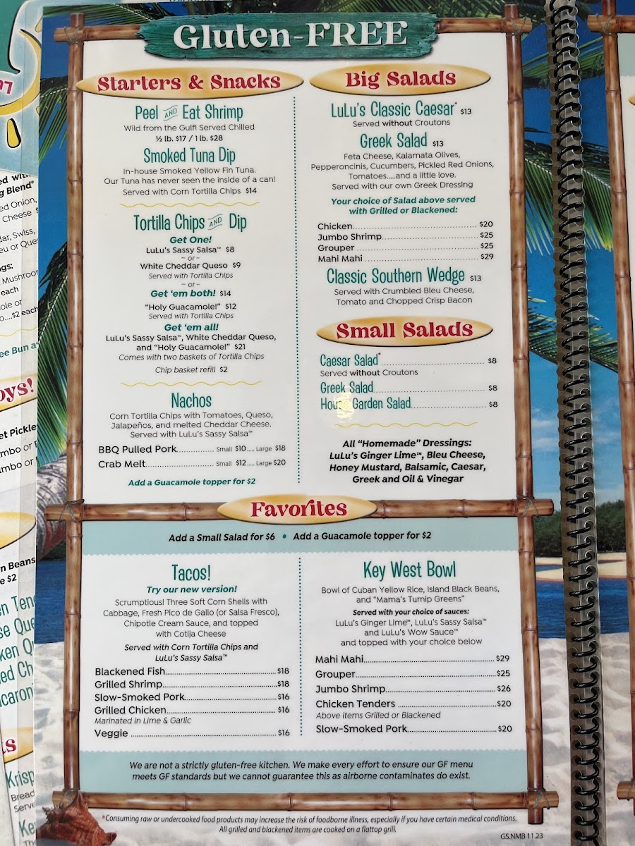 Lulu's at Homeport Marina gluten-free menu