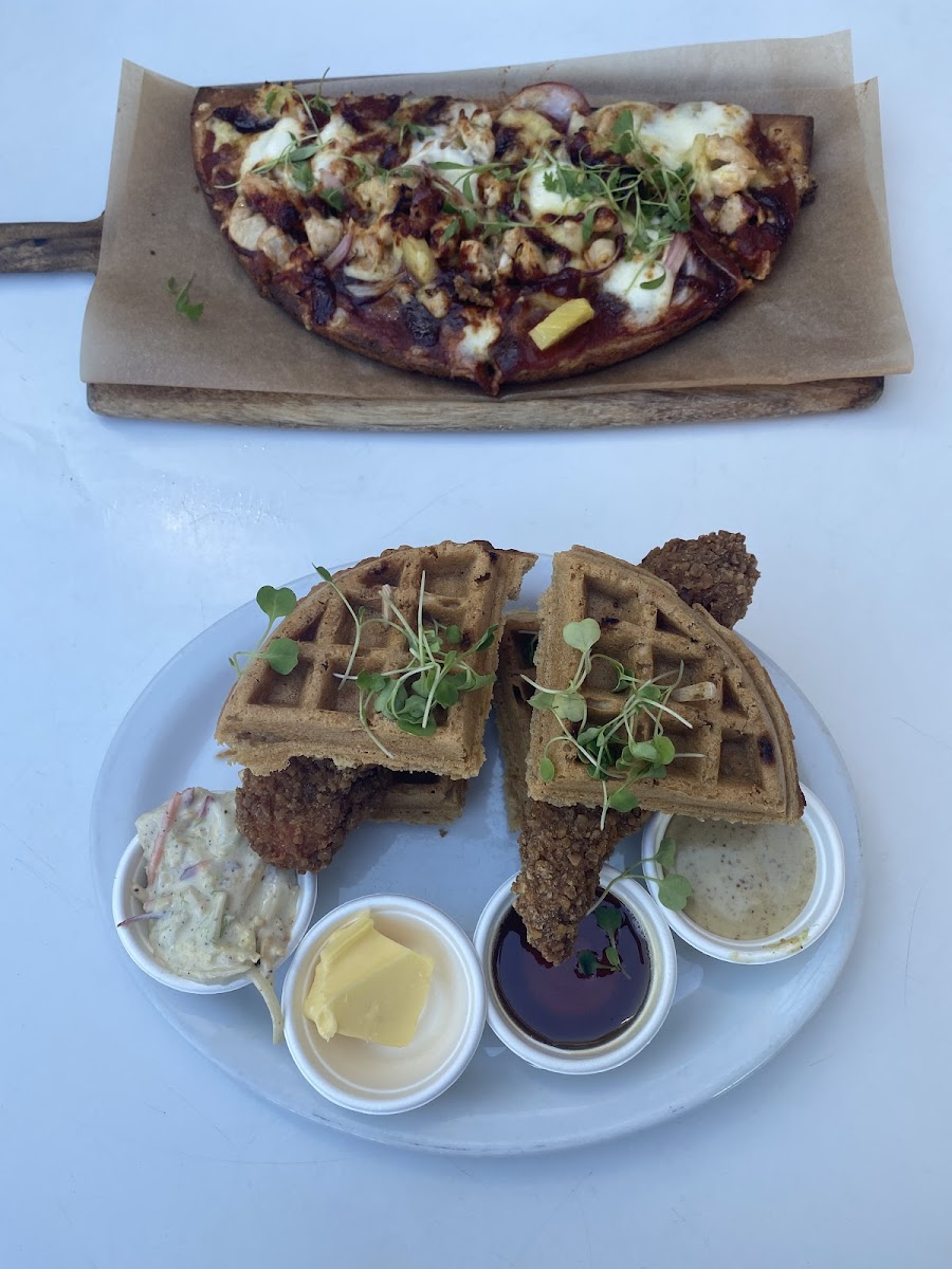 BBQ Chicken pizza and Chicken & waffles