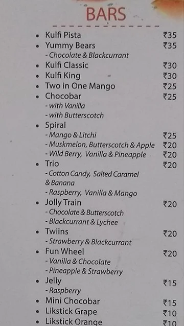 Arun Ice Creams menu 
