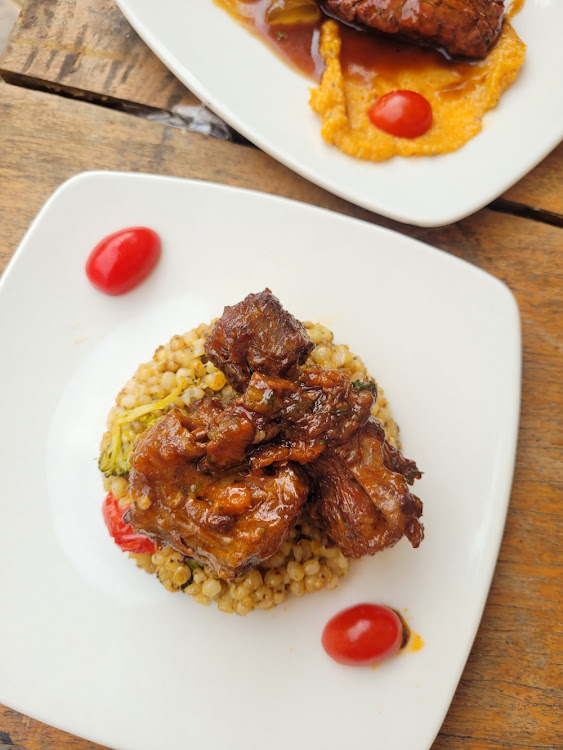 An offal dish of braised oxtail with sorghum and tapioca crispy pap quenelle tart Tartin created by chef Lebo Phala.