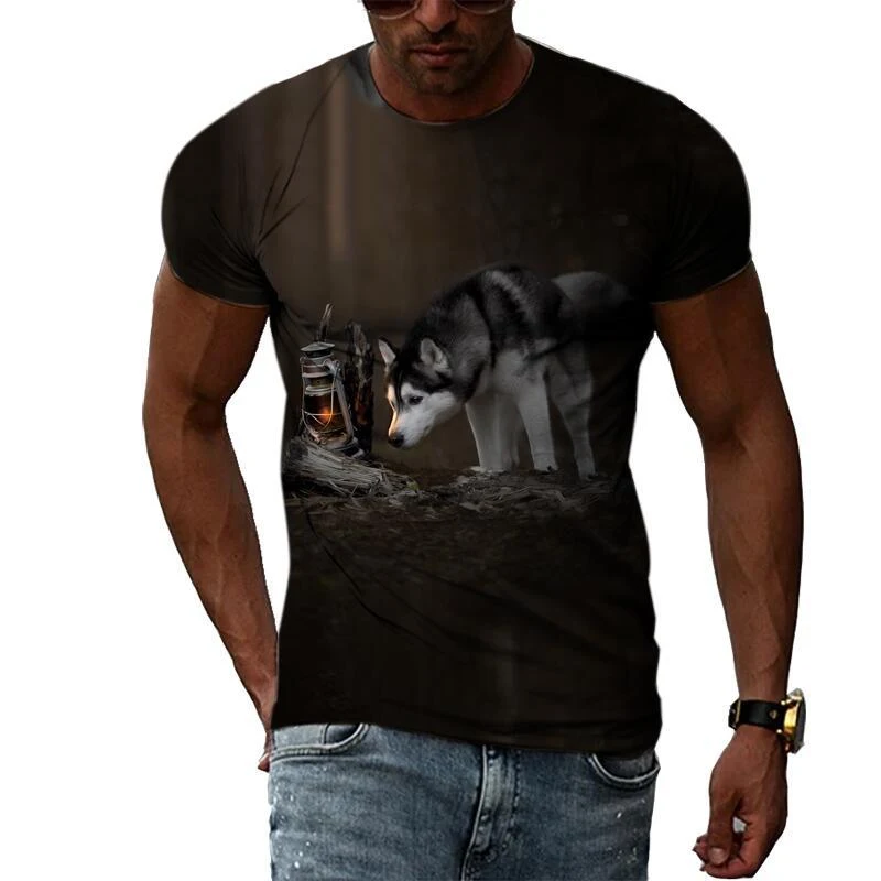 Heren T-shirt met grote hond 3D digitale print, losse ronde hals, korte mouwen voor comfort en een stoere look.