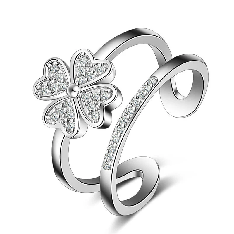 Open damesring met vierbladige bloem, bezet met diamanten, perfect als verlovingsring of speciaal cadeau voor haar.