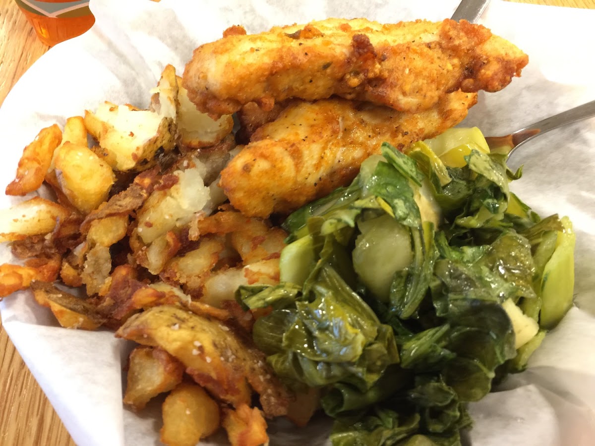 Fried chicken, fried smashed potatoes, seasonal veg