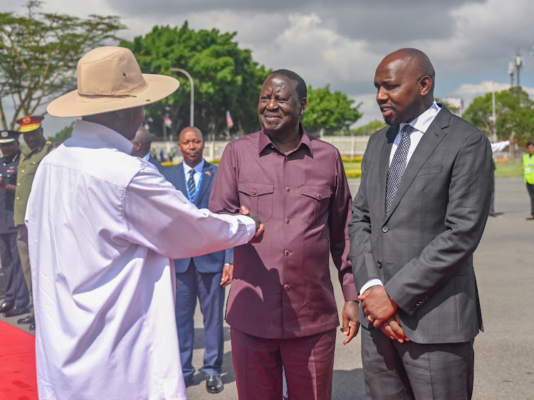 Ugandan President Yoweri Museveni, Azimio la Umoja leader Raila Odinga and Transport CS Kipchumba Murkomen on May 17, 2024.