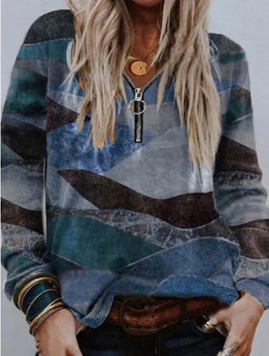 Title 4, Retro Printing Plus Size Casual Zipper V-neck L...