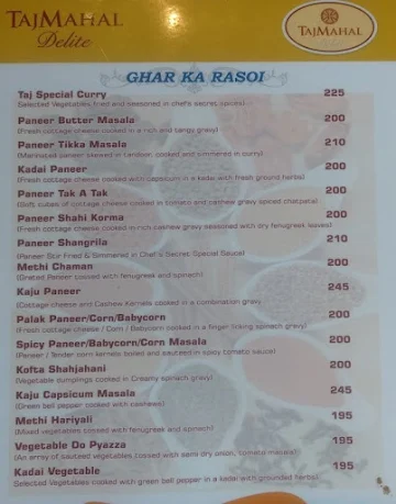 Taj Mahal Delite menu 