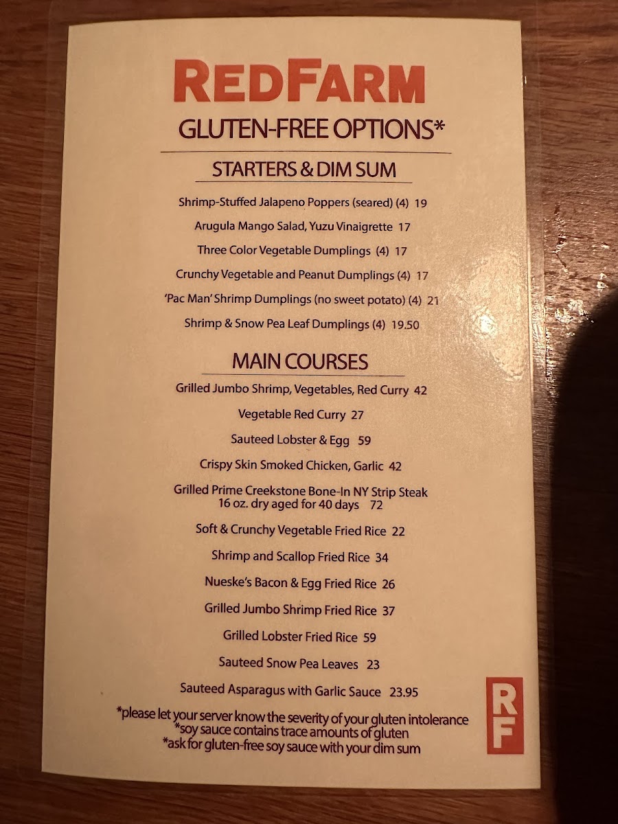 RedFarm gluten-free menu