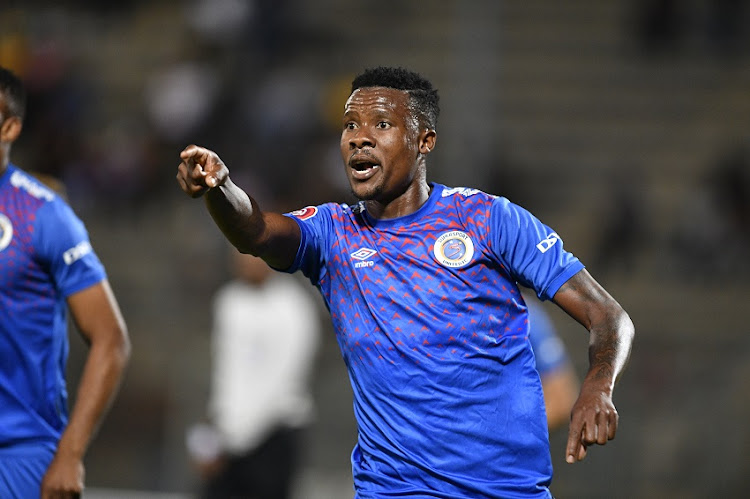 Thamsanqa Gabuza celebrates scoring a goal during the Absa Premiership match between SuperSport United and Black Leopards at Lucas Moripe Stadium on October 25, 2019 in Pretoria, South Africa.