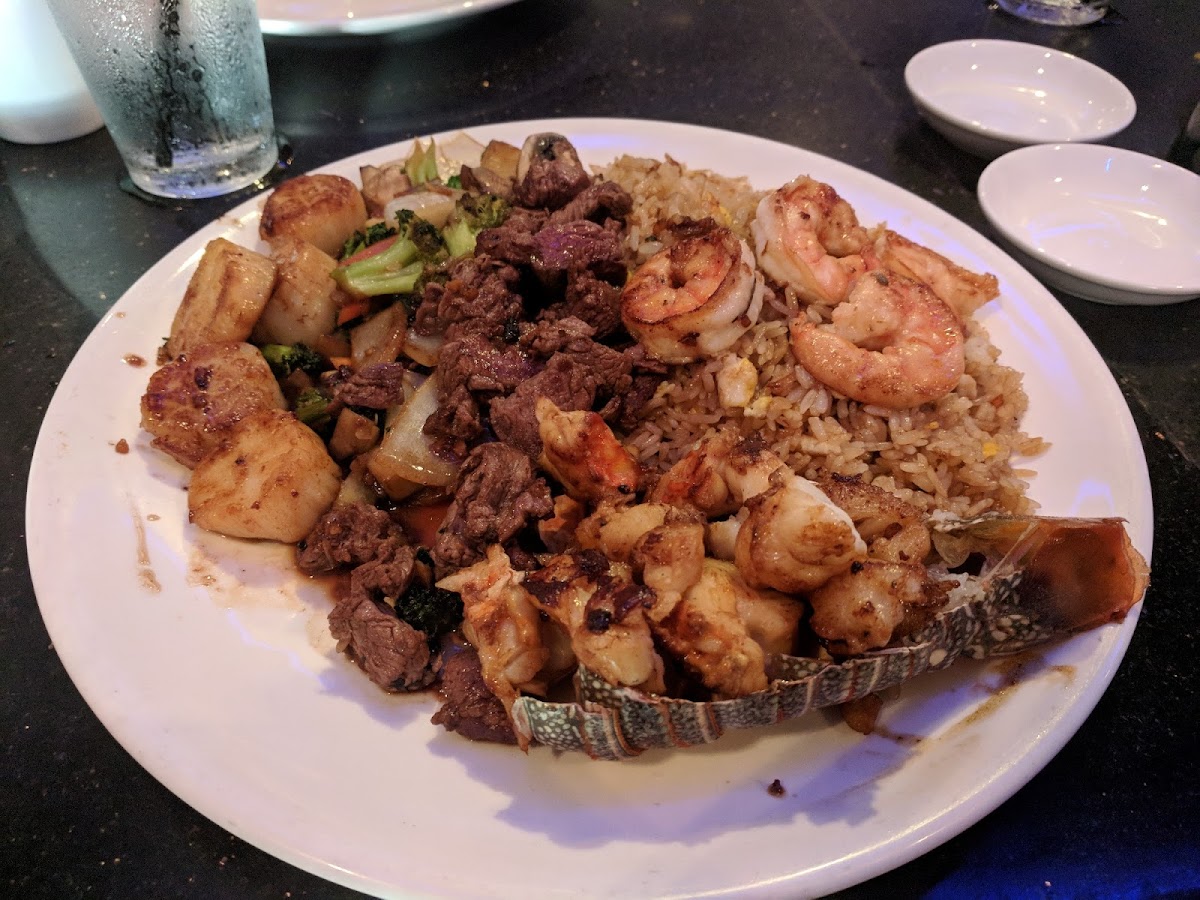 Full plate of food all together from the kitchen...my husband was jealous while he waited for his food from the hibachi. 😂