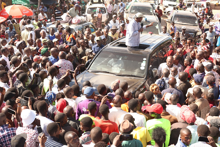 Wiper Leader Kalonzo Musyoka addressing Tseikuru residents in Kitui County on May 9, 2024.
