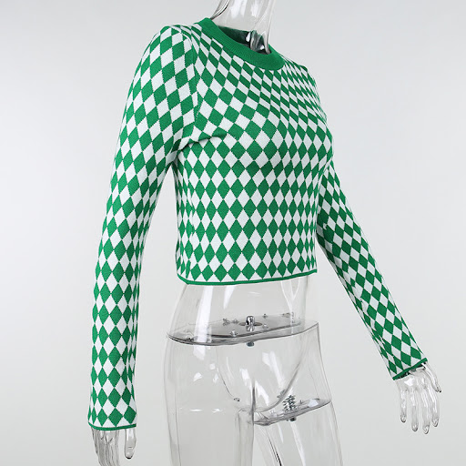 Title 8, Round Neck Slim Diamond Plaid Wool Short Knit