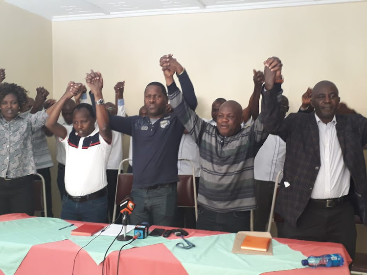 KUSU Governing Council members addressing the press in Nakuru on Saturday