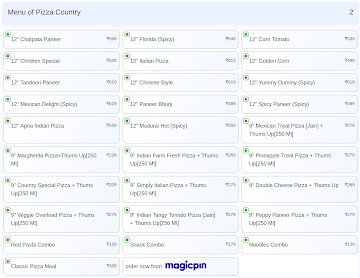 Pizza Country menu 