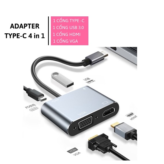 Cáp Chuyển Hub Usb C Ra 4 Cổng Hdmi/ Vga/ Usb Và Cổng Sạc Hỗ Trợ Chế Độ Dex Cho Laptop , Điện Thoại , Máy Tính Bảng