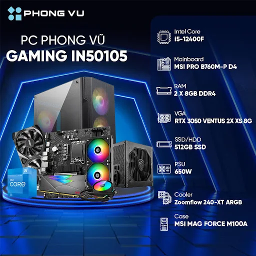 PC PV Gaming IN50105 (Intel Core i5-12400F/2x8GB/512GB SSD/Nvidia GeForce RTX 3050/Free DOS)