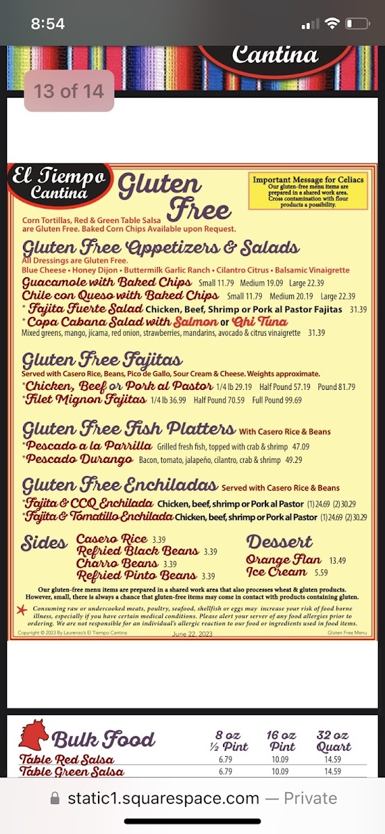 El Tiempo Cantina gluten-free menu