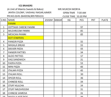 Mamta Ice Breaker menu 