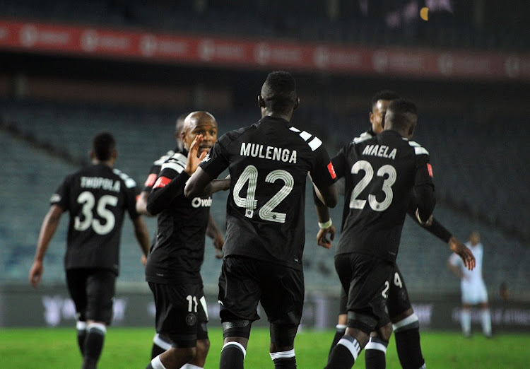 Augustine Mulenga of Orlando Pirates celebrates goal with teammates during the Absa Premiership match between Orlando Pirates and Bidvest Wits 25 April 2018 at Orlando Stadium.