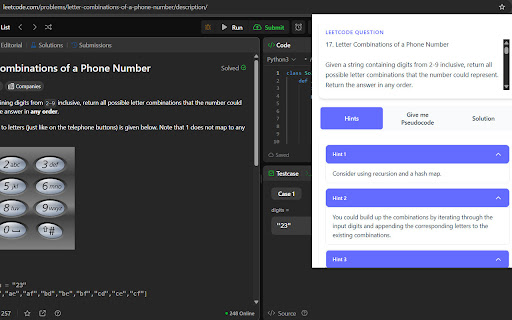 CodeCue – LeetCode AI Hints, Algorithm & Python Solutions Assistant