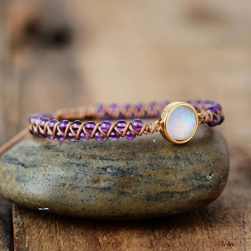 Bracciale Stone Wrap Donna, Ametista Opale, intrecciato, Yoga Amicizia, Bracciale Boho, gioiello spirituale, per uno stile unico e rilassato.