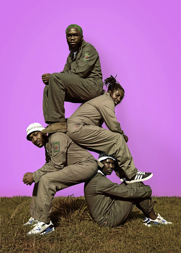 Samson boiler suits R409 each and Dickies bucket hats R199 each, all SKYE. Sneakers models’ own.