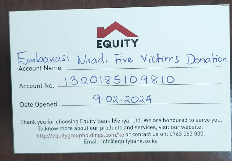 Bank account for contribution to support Embakasi fire victims.