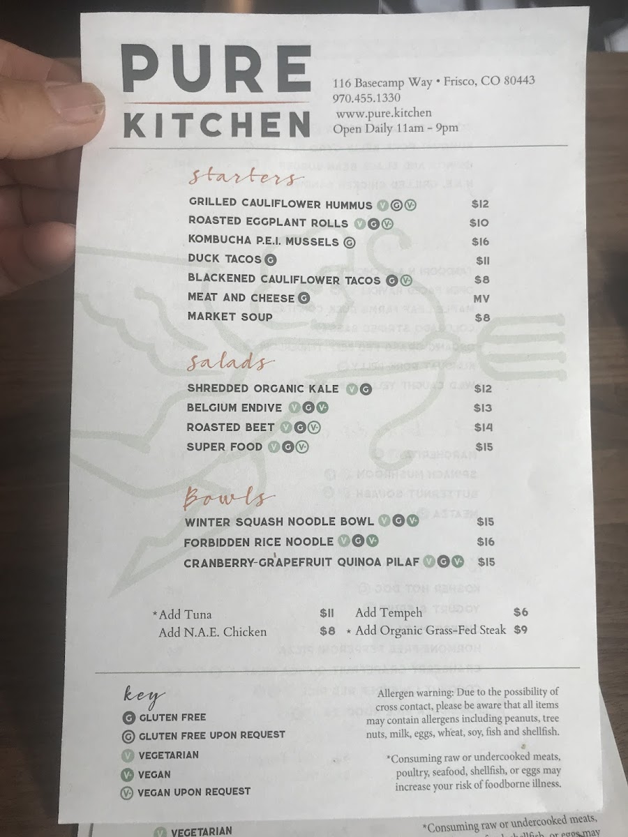 Sample of menu