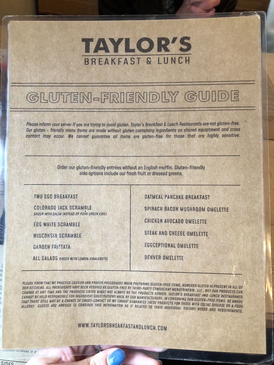 Taylor's Breakfast and Lunch gluten-free menu