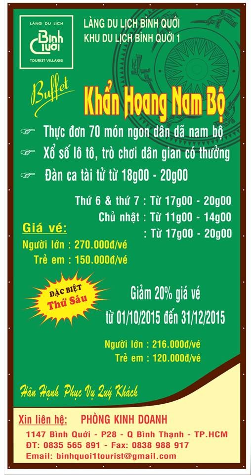 Khu du lịch Bình Quới 1 giảm 20% giá vé Buffet