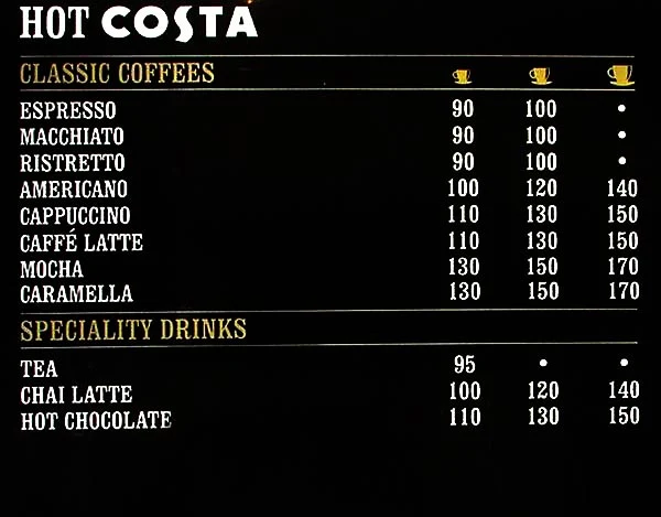 Costa Coffee menu 