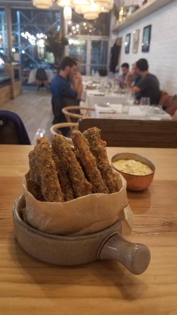 Eggplant chips with spicy yogurt dipping sauce