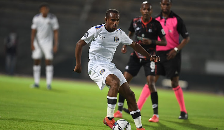 Ryan Rae of Maritzburg United and Iqraam Rayners of SuperSport United during the DStv Premiership match between SuperSport United and Maritzburg United at Lucas Masterpieces Moripe Stadium on September 25, 2021 in Pretoria, South Africa.