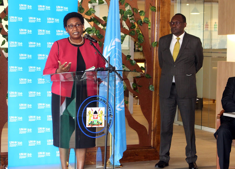 Kenya Permanent Representative to UNEP ambassador Makena Muchiri and Environment PS Chris Kiptoo during a press briefing at Upper Hill, Nairobi on February 22, 2022