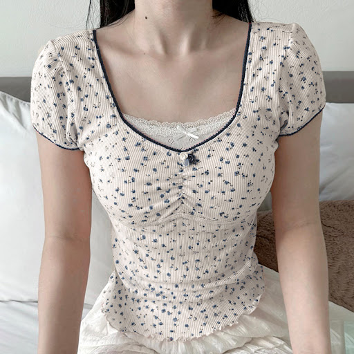 Title 9, Lace Stitching Square Collar Pleated Bow Short ...