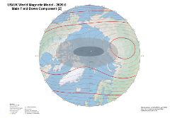 Magnetic Vertical Intensity at 2020.0 from the World Magnetic Model Arctic Projection