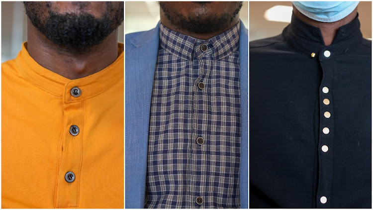 Technology reporter Charles Okwemba wears a T-shirt with a popover placket... Justice reporter Gordon Osen wears a shirt with French front placket... Health reporter John Muchangi wears a shirt with a tuxedo front placket