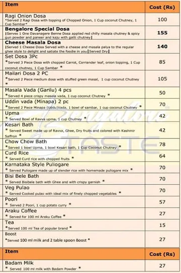 Bengalore Taste menu 