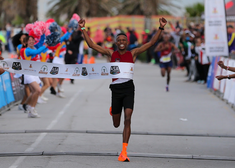 Thabang Mosiako winning the SA half-marathon championships in Gqeberha earlier this year.