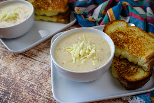 Bowls of Monterey Jack Cheese Soup.