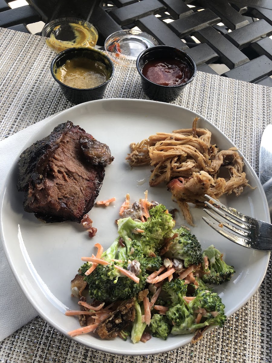 Brisket, pulled pork, and broccoli salad with sauces