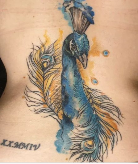 Watercolor Peacock Tattoo On The Back