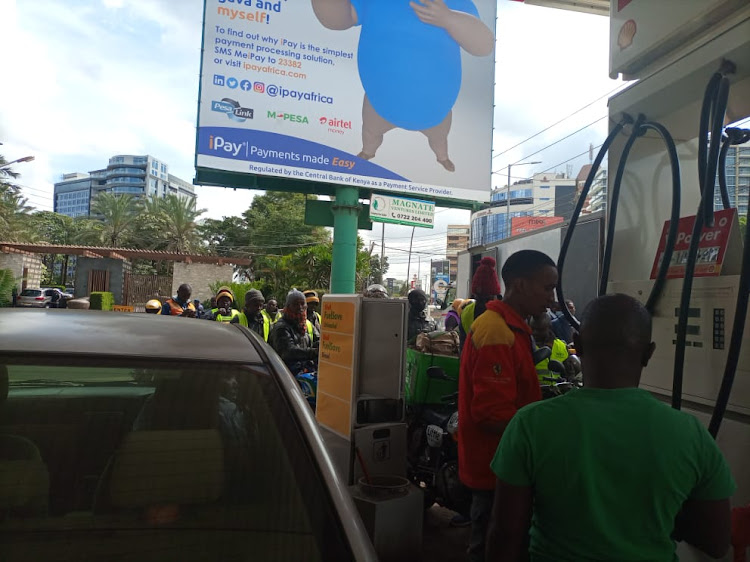 Boda boda operators waiting for fuel at Shell V-Power, Westands, Nairobi on Tuesday on April 12,2022