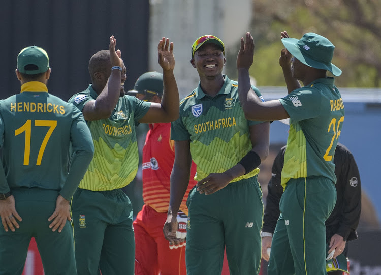 South Africa celebrating during the first Momentum ODI match between South Africa and Zimbabwe at Diamond Oval in Kimberley on 30 September 2018.