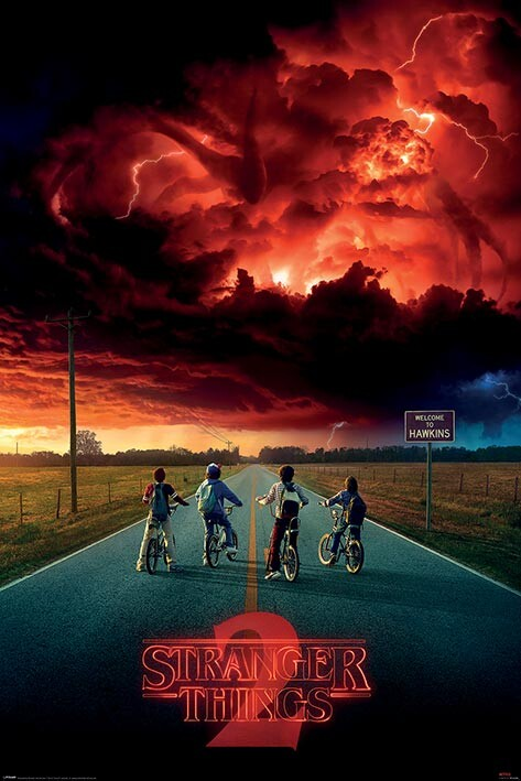 Promotional poster for Netflix's Stranger Things Season 2. It depicts fours kids on bikes stopped in the middle of a country road looking off into the distance at a monstrous shape in the clouds