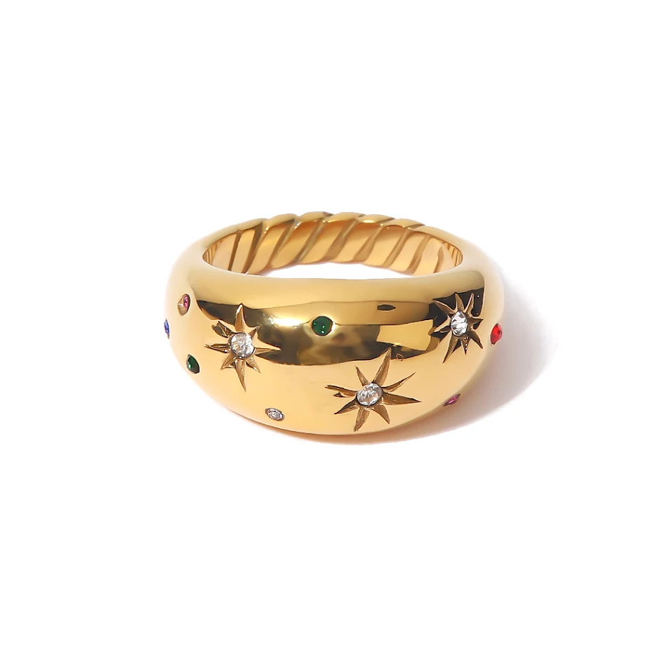 Franse Entry Lux retro ring met zes-puntige zirkonia. Hoogwaardige kwaliteit, schitterend en stijlvol, een perfect sieraad voor elke gelegenheid.