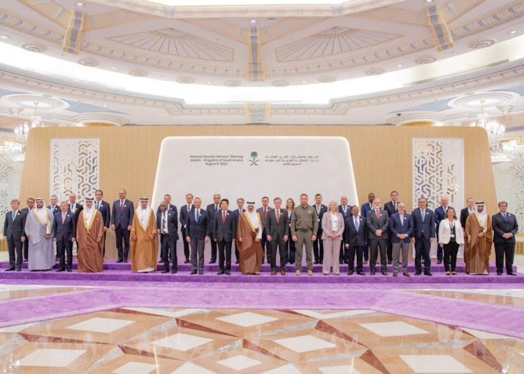 Representatives from more than 40 countries including China, India and the US, pose for a family picture as they attend talks in Jeddah, Saudi Arabia, August 6 2023. Picture: SAUDI PRESS AGENCY/REUTERS