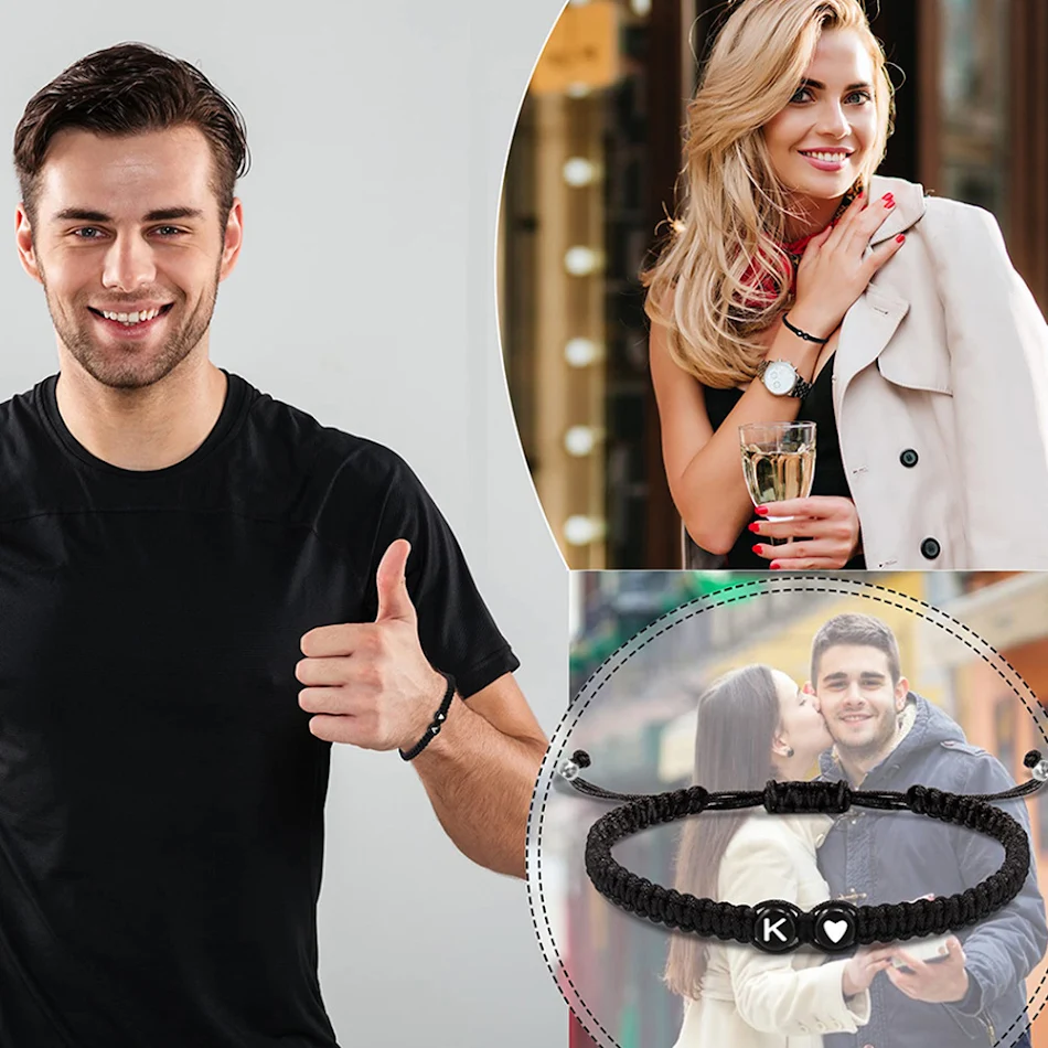 Handgemaakte geweven armband met 26 letters, perzikhart, zwart-wit, voor koppels, armband met koord