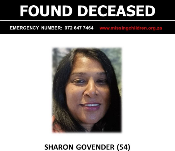 Missing Sharon Govender was found deceased following an accident last week